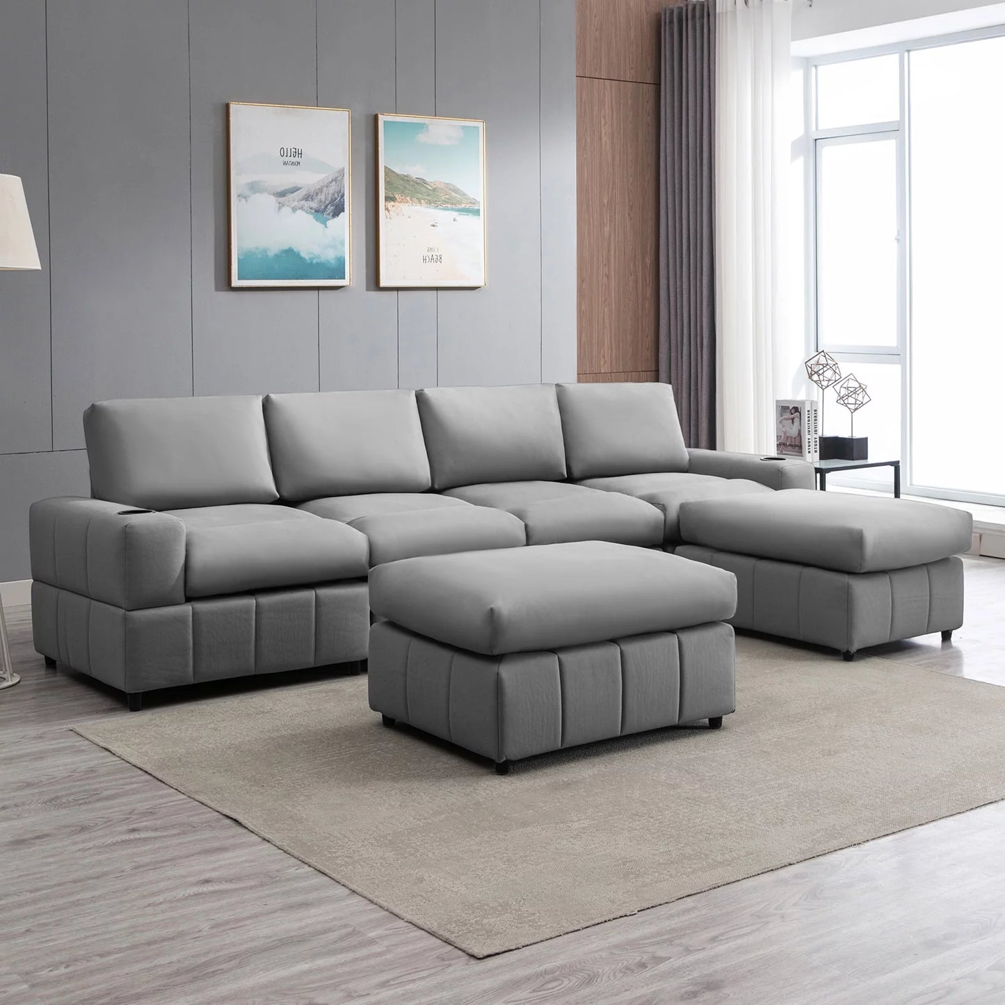 Modular Sectional Sofa, U Shaped Sofa with Ottomans, Large Living Room Furnitures, Light Grey