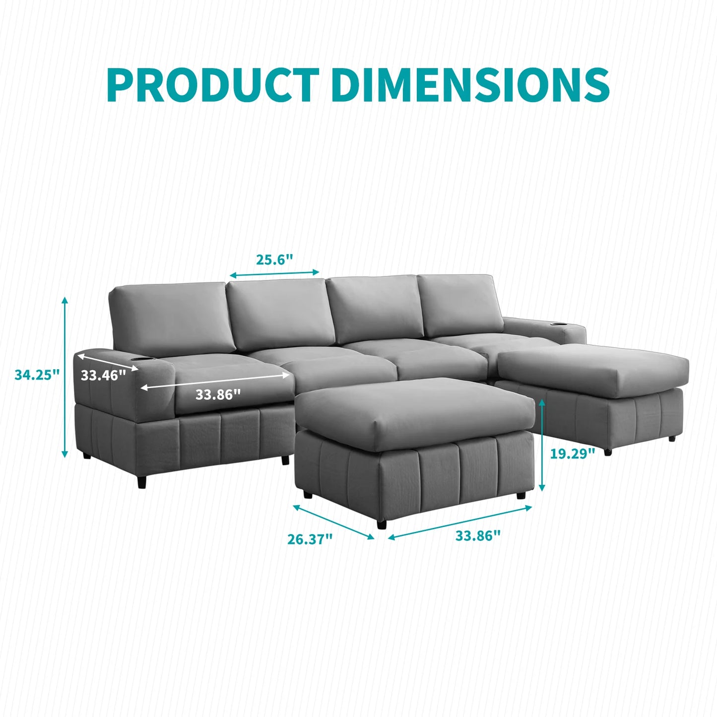 Modular Sectional Sofa, U Shaped Sofa with Ottomans, Large Living Room Furnitures, Light Grey