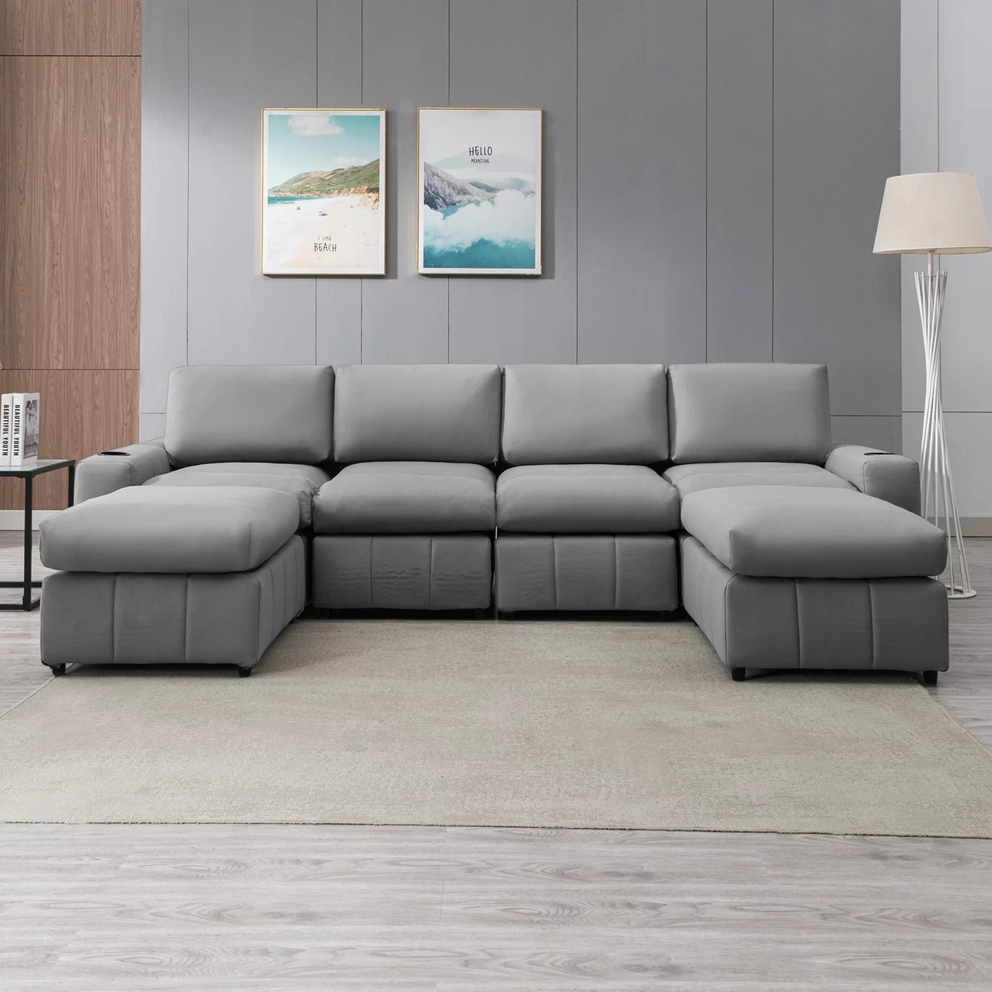Modular Sectional Sofa, U Shaped Sofa with Ottomans, Large Living Room Furnitures, Light Grey